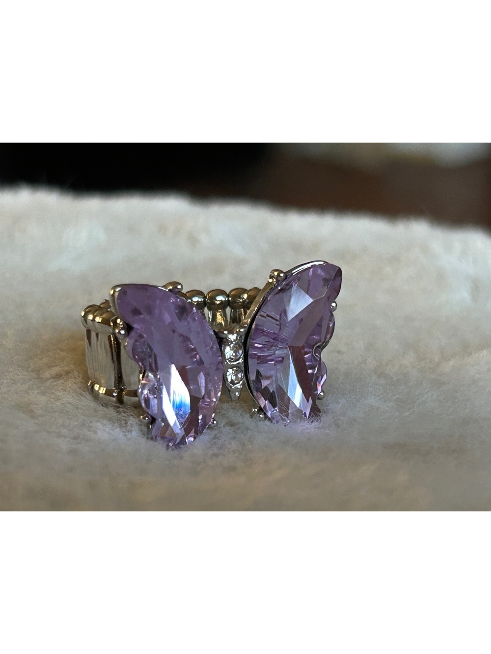 Adjustable Silver Tone Ring with Purple Butterfly Crystal Accent